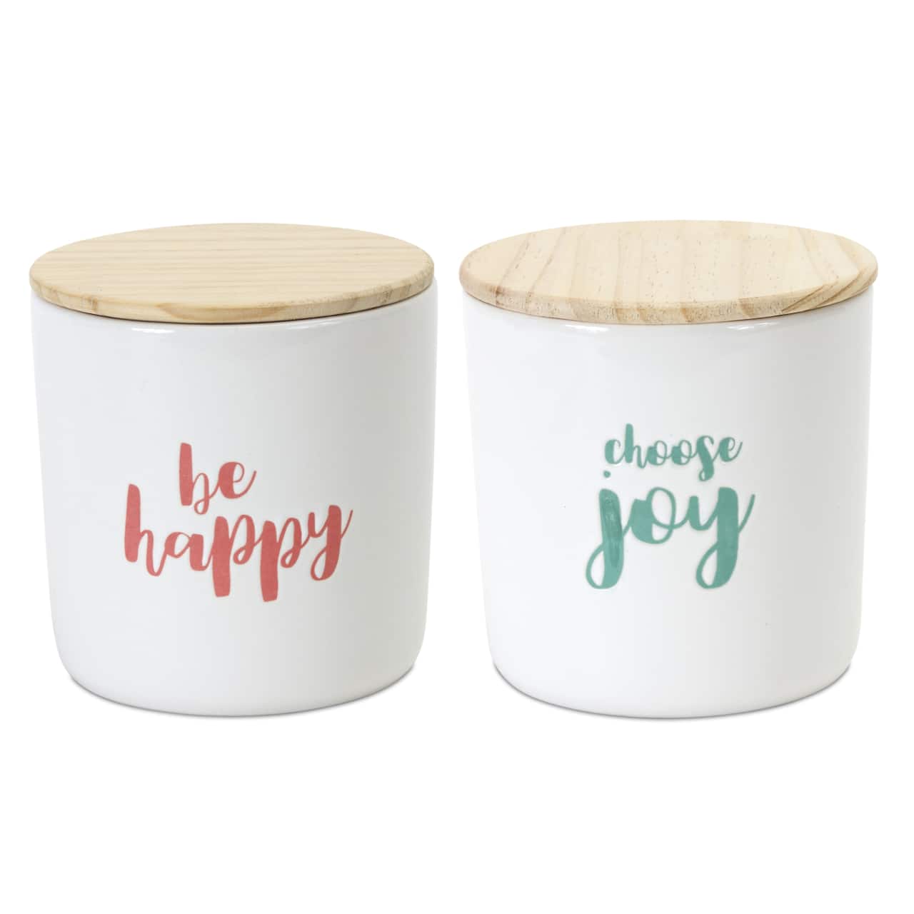 Happy Sentiment Stoneware Canisters with Wood Lids Set